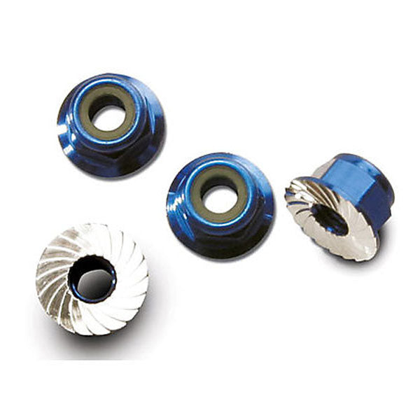 Traxxas 4mm Aluminum Flanged Serrated Nuts (Blue)